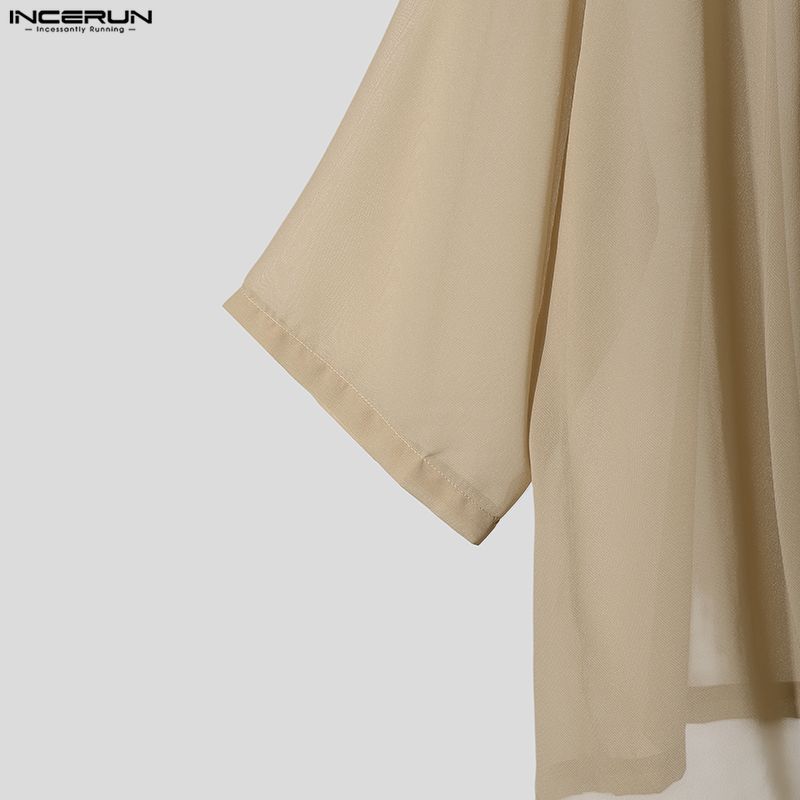 INCERUN Men's Sheer Cowl Neck T-Shirt Short Sleeve See-Through Casual Party Streetwear Loose Tops