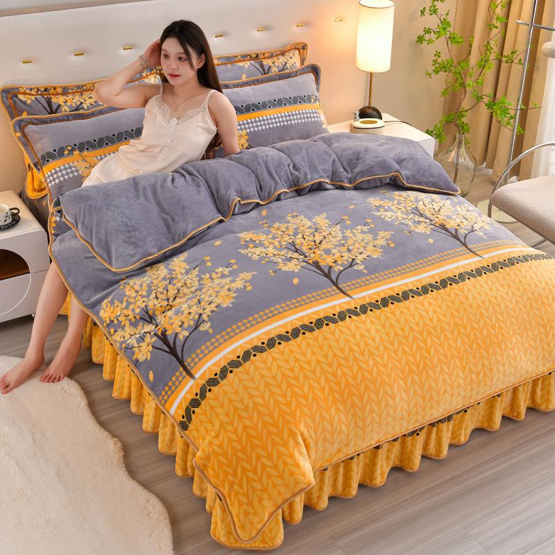 Thickened Milk Fleece Four-Piece Coral Fleece Quilt Cover, Bed Sheet Fleece Double-Sided Fleece Flannel Bedding, Bed Skirt
