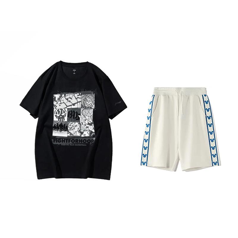 

Li-Ning American Style Round Neck Short Sleeve T-Shirt Loose Comfortable Versatile Shorts Casual Sports Suit Unisex Sportswear AHSUA27-2+YKSV129-1 S