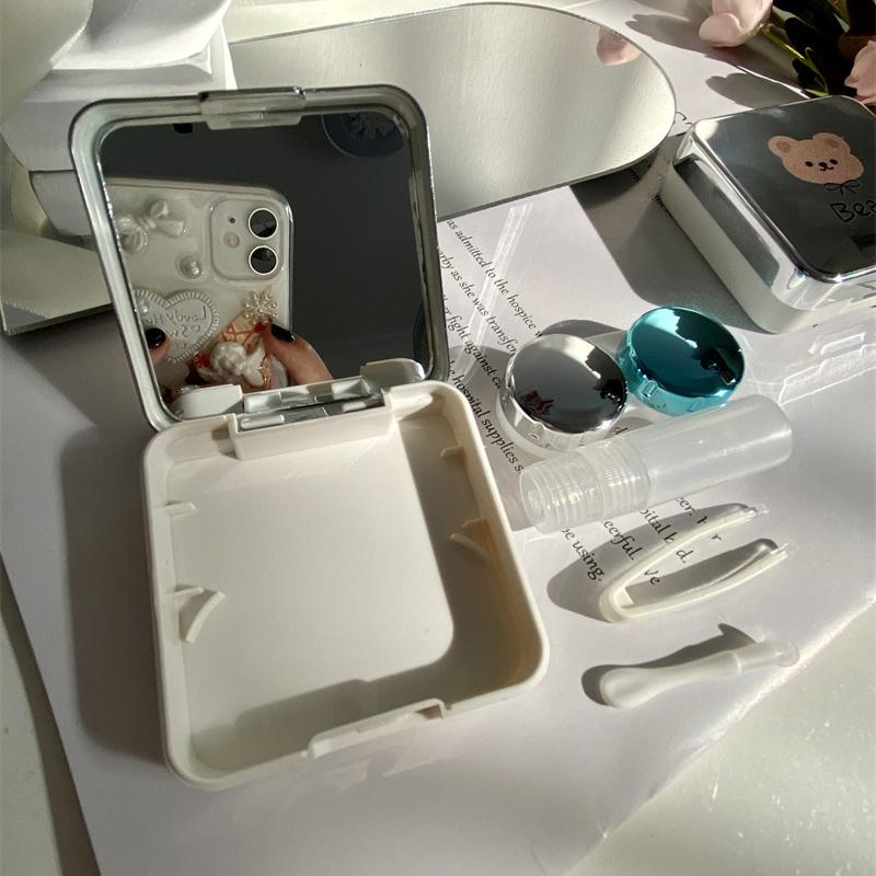 1Pc Silver Bear Contact Lens Case Cosmetic Case Portable Water Box Simple Contact Lens Companion Box Storage Box Accessories