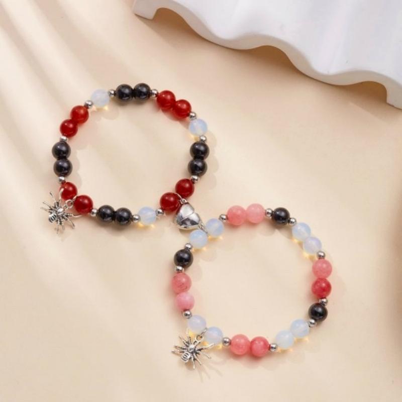 "Halloween Spider Love Magnetic Bracelet: Adjustable Beaded Jewelry for Couples"