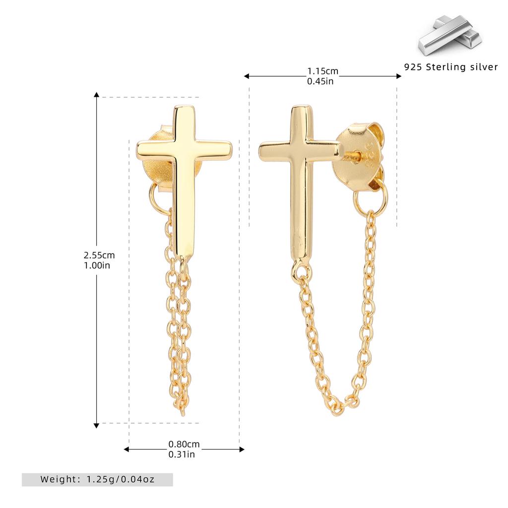 Fashion 925 Silver Plain Simple Cross Stud Earrings Jewelry 18K Gold Plated Tassel Chain Stud Earrings for Women