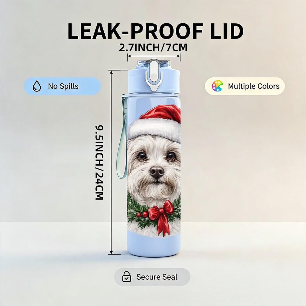 1PC Santa Hat Puppy Christmas Dog Print 750ml Color Plastic Sports Water Bottle Leakproof Flip Straw Lid Suitable for Sports Office Home Use