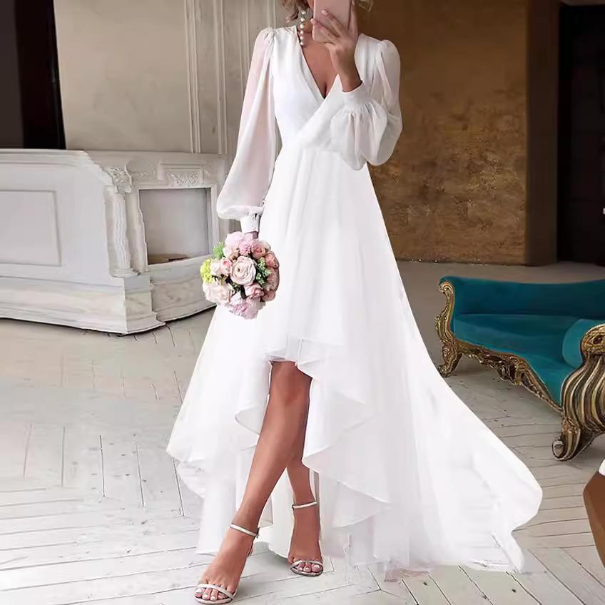 Elegantes europäisches und amerikanisches V-Ausschnitt Einfarbig Taillenbetont Slim Fit Langarmkleid für Damen