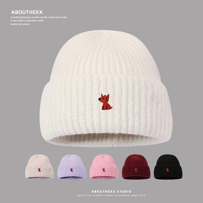 Autumn and Winter Warm Knitted Hats for Men and Women Korean Style Small Fox Embroidered Loose Big Head Circumference Woolen Hat Ins Trend