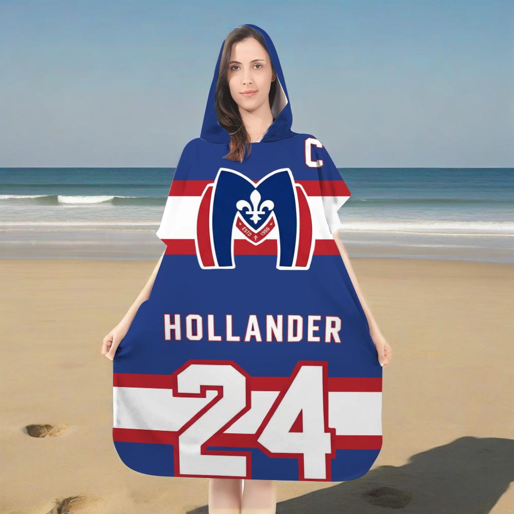 Hockey Jersey Hooded Beach Towel, "Hollander 24" Peak Showdown Design, Microfiber Quick-Dry Bath Robe for Sports Fans