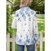New women's lapel button-down shirt blue and white floral foliage pattern, casual versatile button-down long-sleeved top