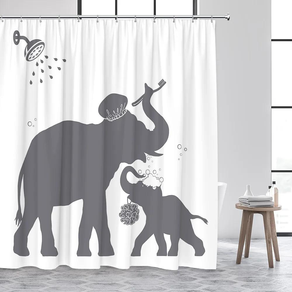 Funny Animal Shower Curtain, Black and White Wildlife Elephant Dinosaur Shower Cartoon Cat Polyester Fabric Bathroom Decor Set