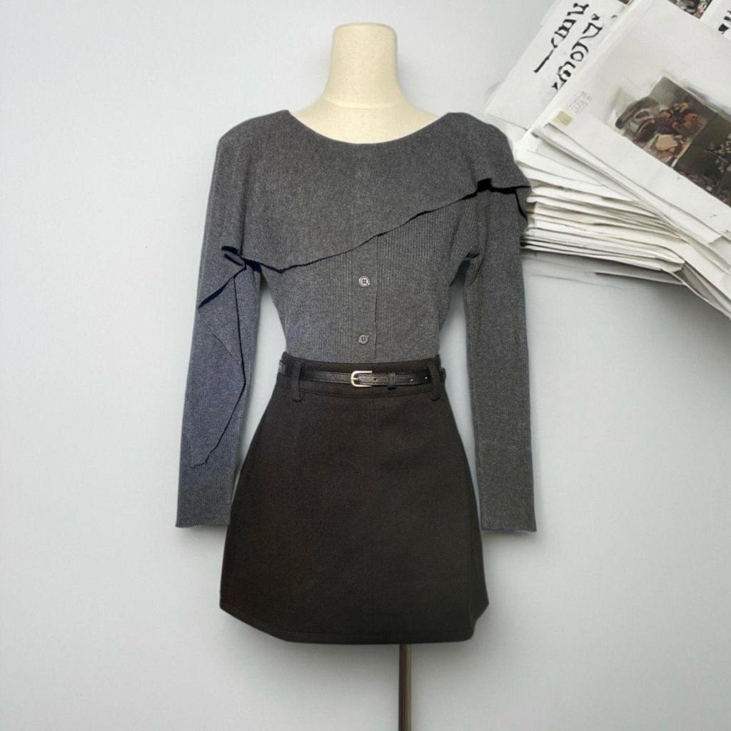 2026 Frühling Unregelmäßiger Stricktop & Woll-A-Linien-Rock Zweiteiliges Set