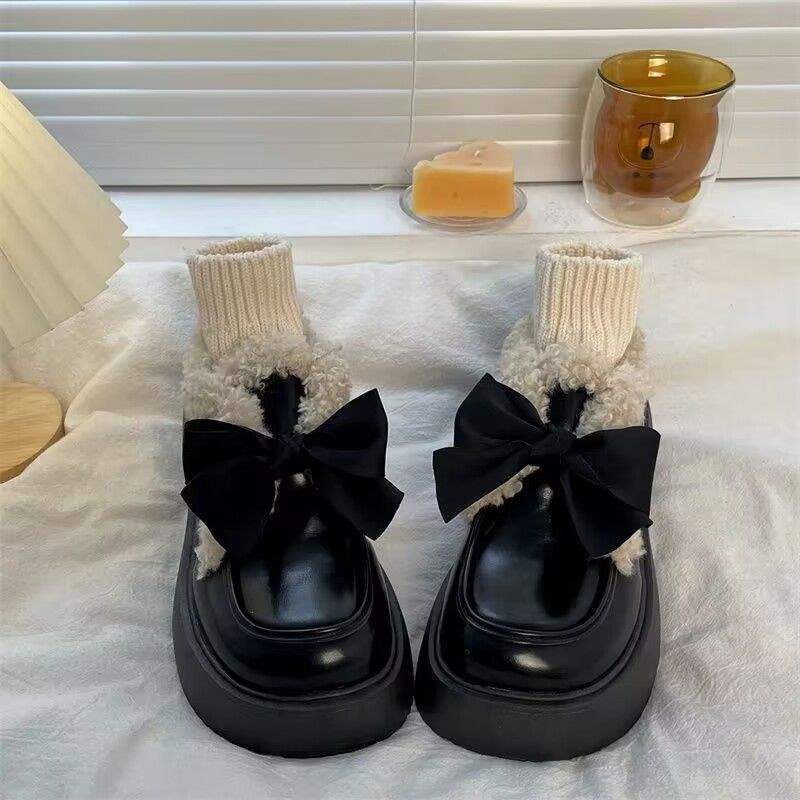31-46 Black British style small leather shoes autumn and winter 2025 new platform loafers velvet cotton shoes Mary Jane shoes