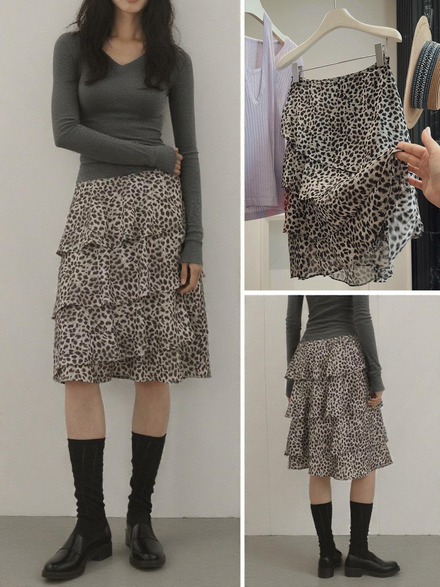 Женская шифоновая миди-юбка А-силуэта с высокой талией и леопардовым принтом - Неровная многослойная летняя модель 2026 Large коричневый