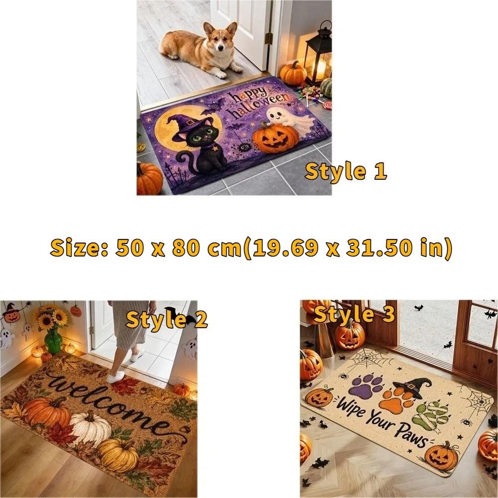 Cartoon Witch Cat Pumpkin Ghost Doormat Non-Slip Maple Leaf Welcome Mat Entryway