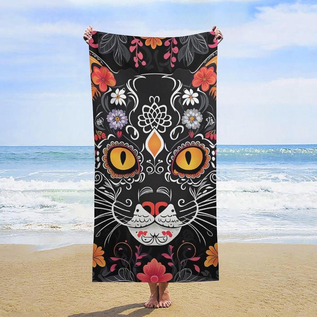 Day of The Dead Kitty Cat Sugar Skull Beach Towel, Cute Oversized Quick Dry Absorbent, Sand Free Lightweight Travel Pool Mat