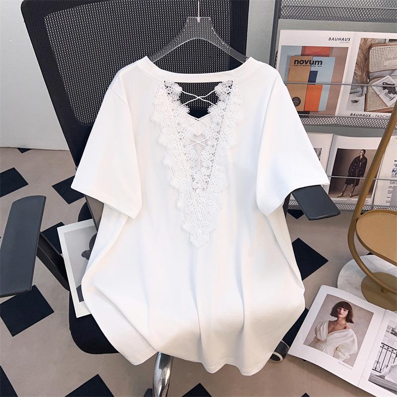 Plus Size V-Neck Loose Mid-Length Short-Sleeve T-Shirt for Women