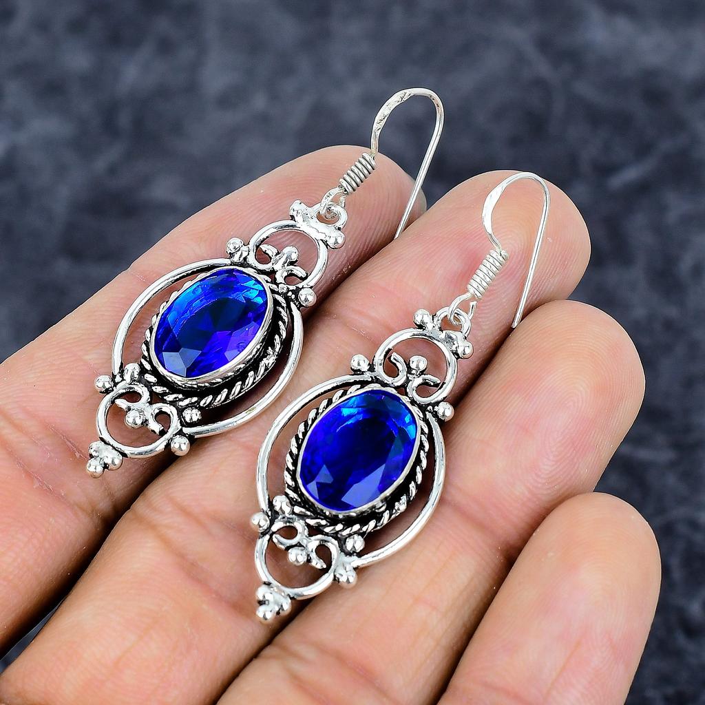 Blue Topaz Gemstone Handmade 925 Sterling Silver Jewelry Earring 2.21" M-3288