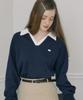 OURHOPE Pique Open Collar Sweatshirt - Navy