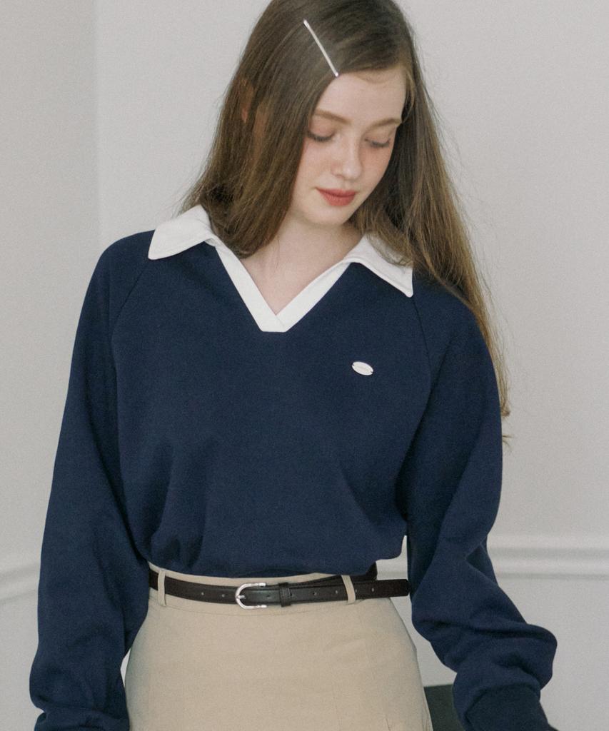 OURHOPE Pique Open Collar Sweatshirt - Navy