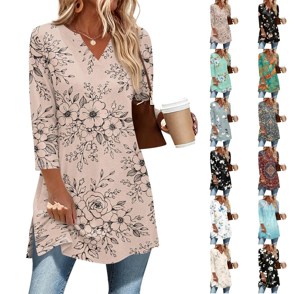 Damen Lässiger V-Ausschnitt 3/4 Ärmel Pullover Tunika Oberteil Blumenmuster Mittellange Bluse Leichte Bequeme Passform