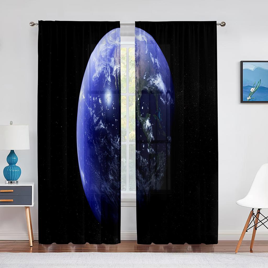 Galaxy Tulle Curtains Blue Red Planets Orbital Ring Stars Outer Space Sheer Voile Curtain for Living Room Bedroom Kitchen Decor