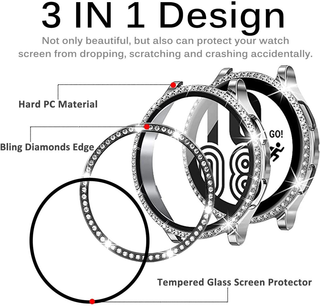LUJING Glass+Case for Samsung Galaxy Watch 4 44mm 40mm Accessories Bling Diamond PC Bumper Shell +Screen Protector Galaxy Watch4 Cover