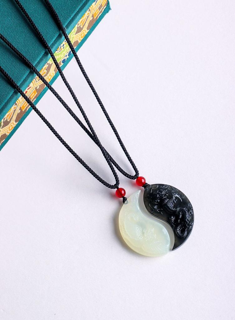 Couple Dragon Phoenix Serpentine Vintage Chinese Handmade Pendant Necklace