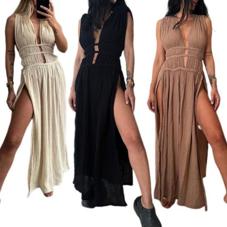 Vacation Beach Summer Maxi Dress Bohemian Style Deep V Neck Sleeveless Hollow Out Pleated Split Lace-up Belted Waist Long Dress