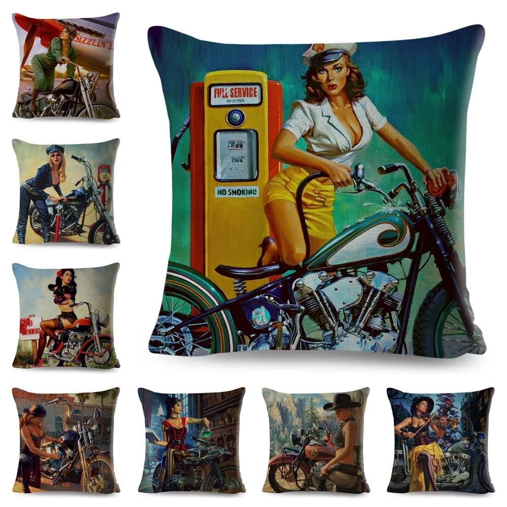 Vintage Sexy Motorrad Lady Kissenbezug Dekor Ölgemälde Cartoon Frauen Kissenbezug für Sofa Auto Polyester Kissenbezug 45x45