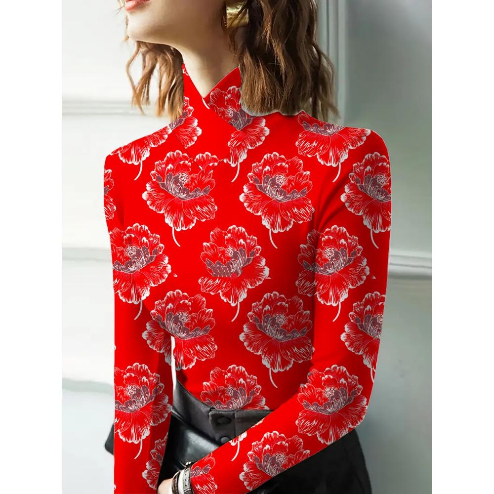 Women's Cheongsam Collar Long Sleeve T-Shirt, Regular Version, Spring and Autumn Collection