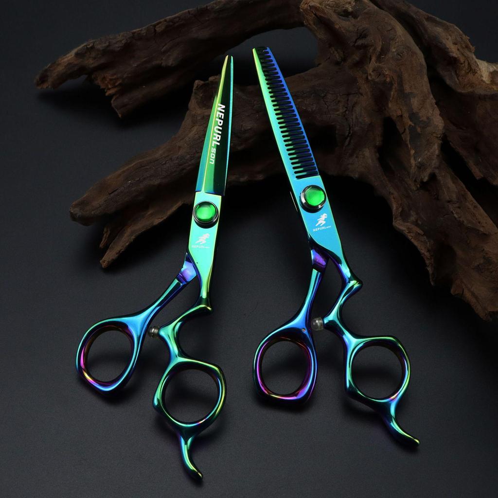 6.0" Napson Green Curved Handle Hairdressing Scissors - Barber Shears, Bangs Scissors, Thinning Shears