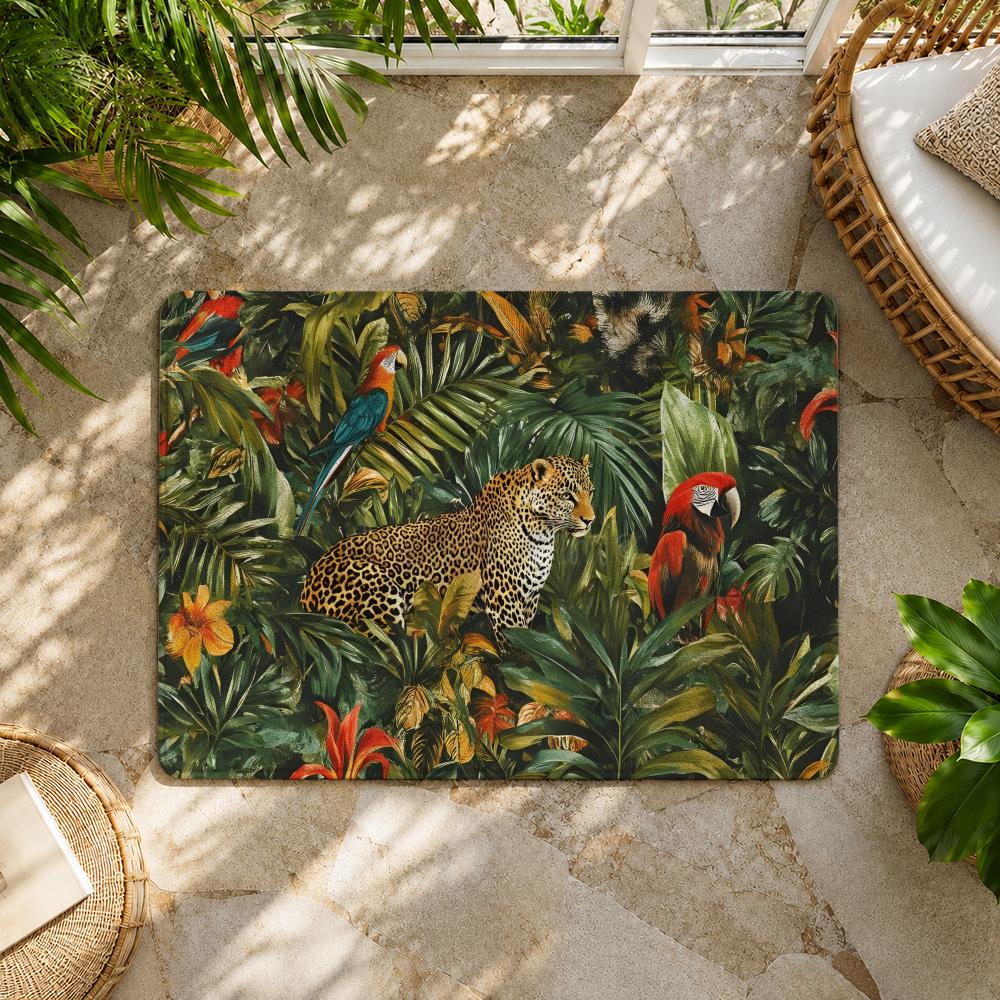 Jungle Animal Theme Design Floor Mat Flannel Rug Non Slip Absorbent Soft Washable for Entryway Hallway Bathroom Kitchen Decor