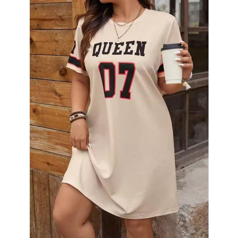 Plus Size Women's Summer Music Festival Pattern Sporty Casual Letter Print Fashionable 07 Printed Jersey Tenniscore Dress