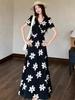 Elegant French-Style Black Floral V-Neck Slimming Long Dress for Women - Summer Collection