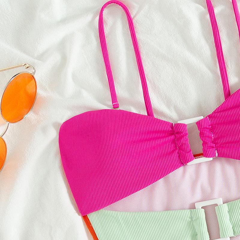 1011 new European and American personalized high-waisted one-piece swimsuit female sexy suspender contrasting swimsuit seaside bikini spot
