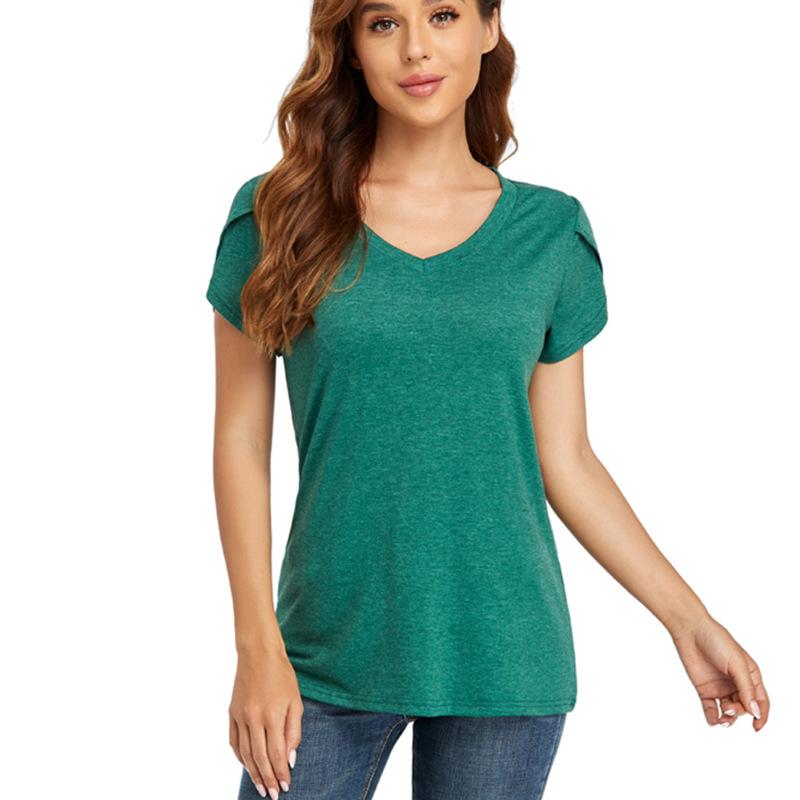 Sommer Damen T-Shirt Einfarbig V-Ausschnitt Kurzarm Locker Lässiges Oberteil