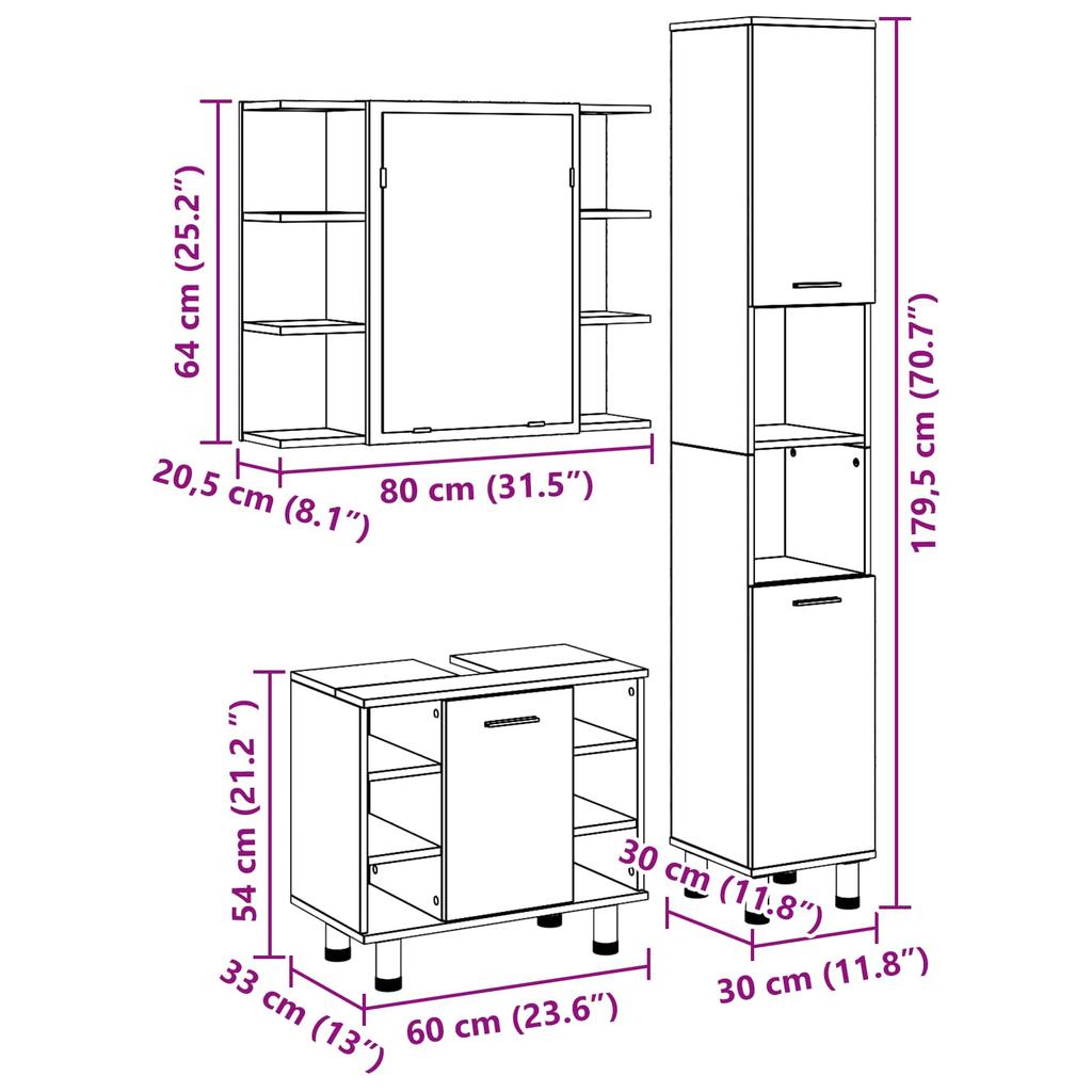 Bathroom Furniture Set with Shelf 3 Pcs Black 30 X 30 X 179.5 Cm