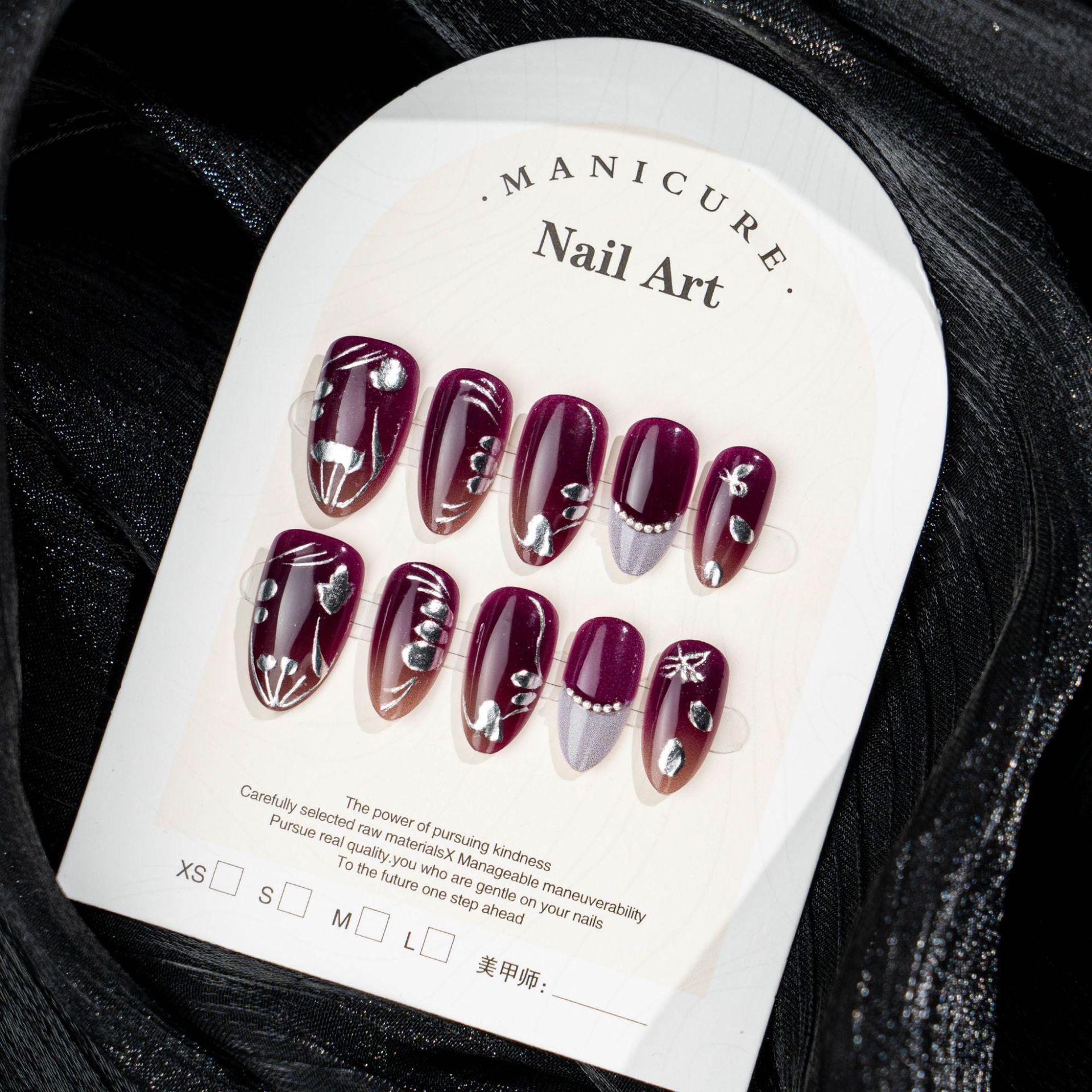 30 pieces purple gilt flower short almond wearing armor handmade point diamond premium gray French nail art