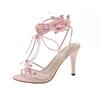 Women's High Heels Thin Heels Bow Tie Leg Lace High Heels Round Bare Toes Pink Sexy Summer New Fashion Dress Zapatillas De Mujer