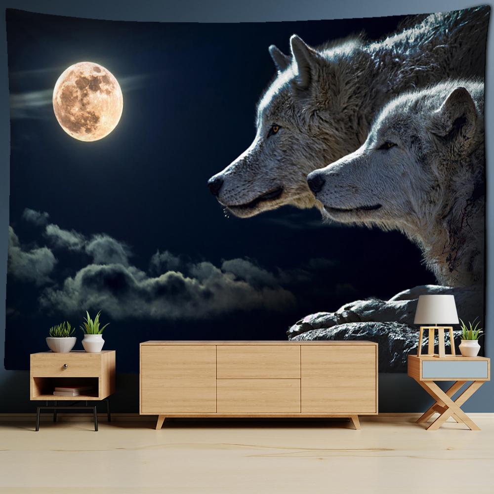 

Гобелен с Арктическим Волком, настенный Гобелен с Солнцем и Луной, психоделическое животное, колдовство, богемный фон для домашнего общежития, декор 95x70cm