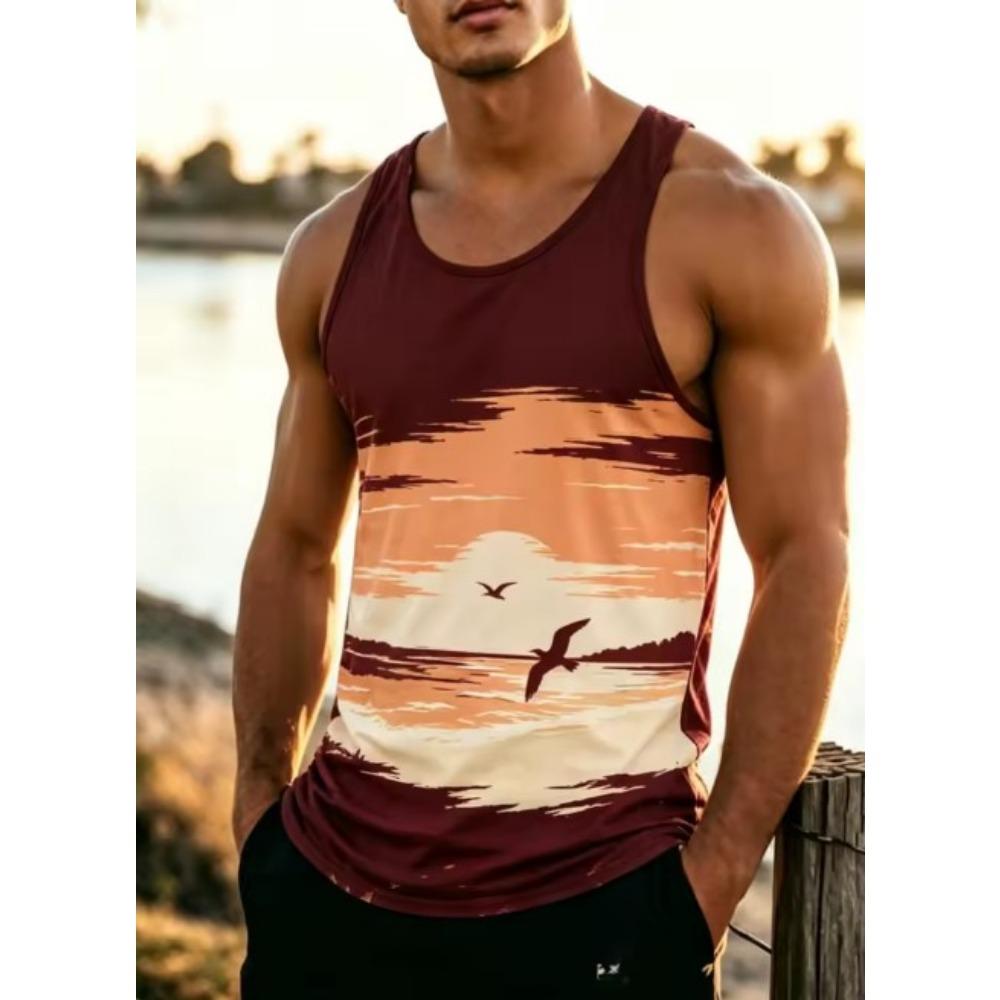 

Men s Vintage Coconut Tree Sunset Wave Print Sleeveless Tank Top for Summer Fitness Beach Trips Daily Outings Casual Wear 4XL червоний
