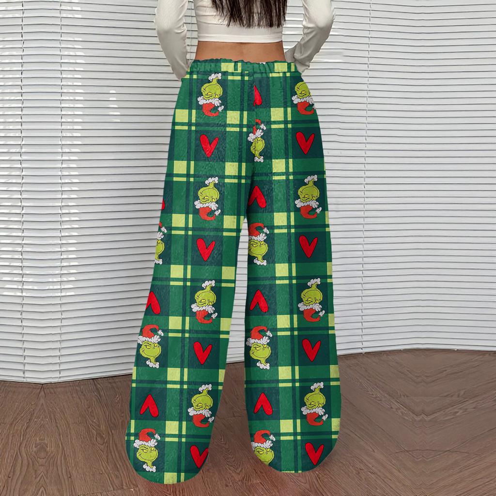 Women's Casual Christmas Print Elastic Waist Loose Fit With Plush Wide Leg Pants
