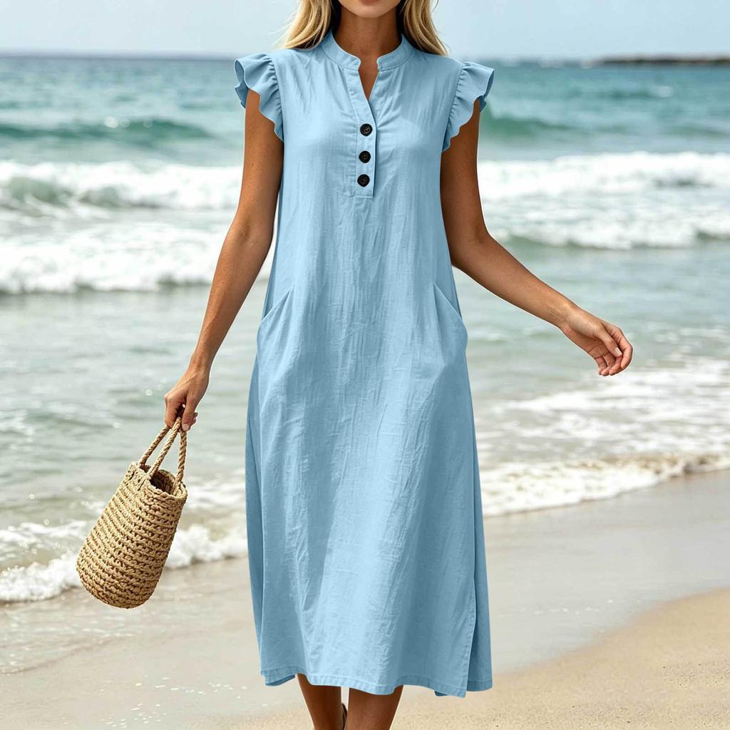 Women V Neck Dress Casual Midi Dress with Flutter Sleeves and Front Button Detail Pocket Dress Summer Loose Fit Dress
