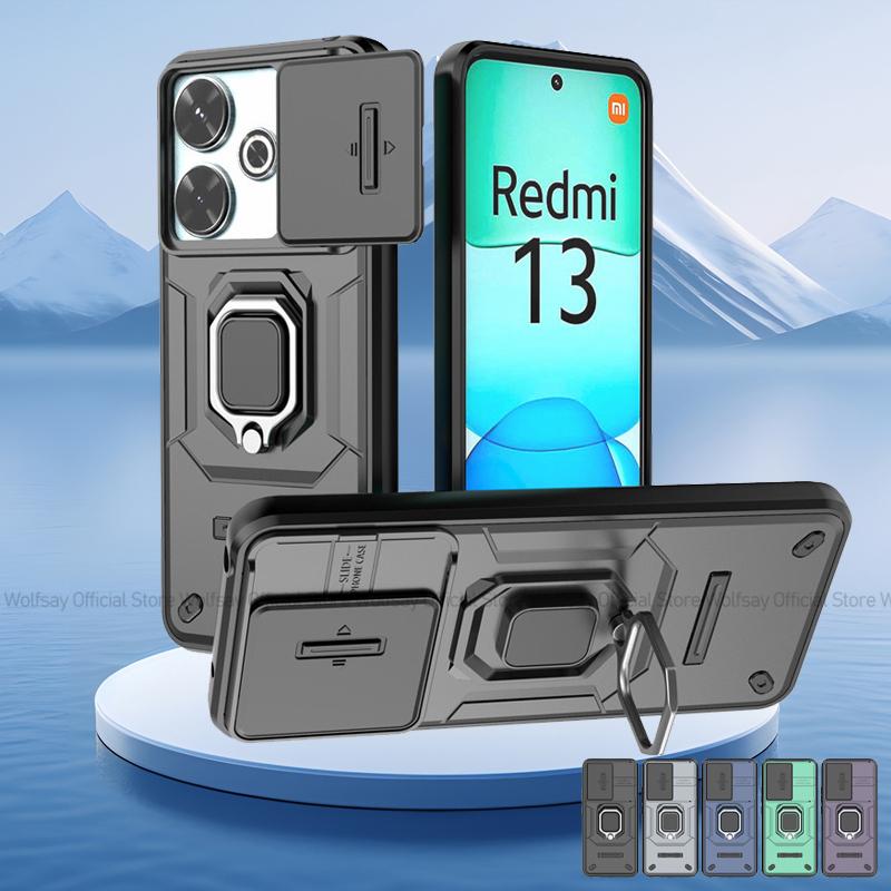 For Xiaomi Redmi 13 4G Case Slide Camera Phone Case Xiaomi Redmi 13 4G Cover Armor PC Shockproof Stand Cover Xiaomi Redmi 13 4G