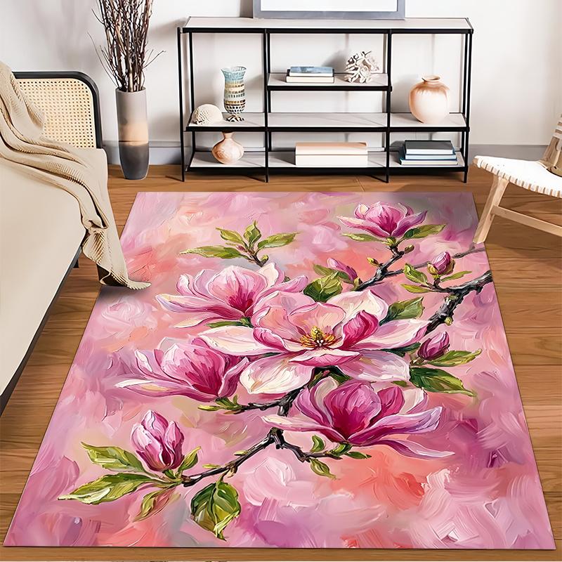 Pink Magnolia Flower Art Carpet for Living Room, Abstract Floral Design Suitable for use as an anti-slip for living room bedroom sofas