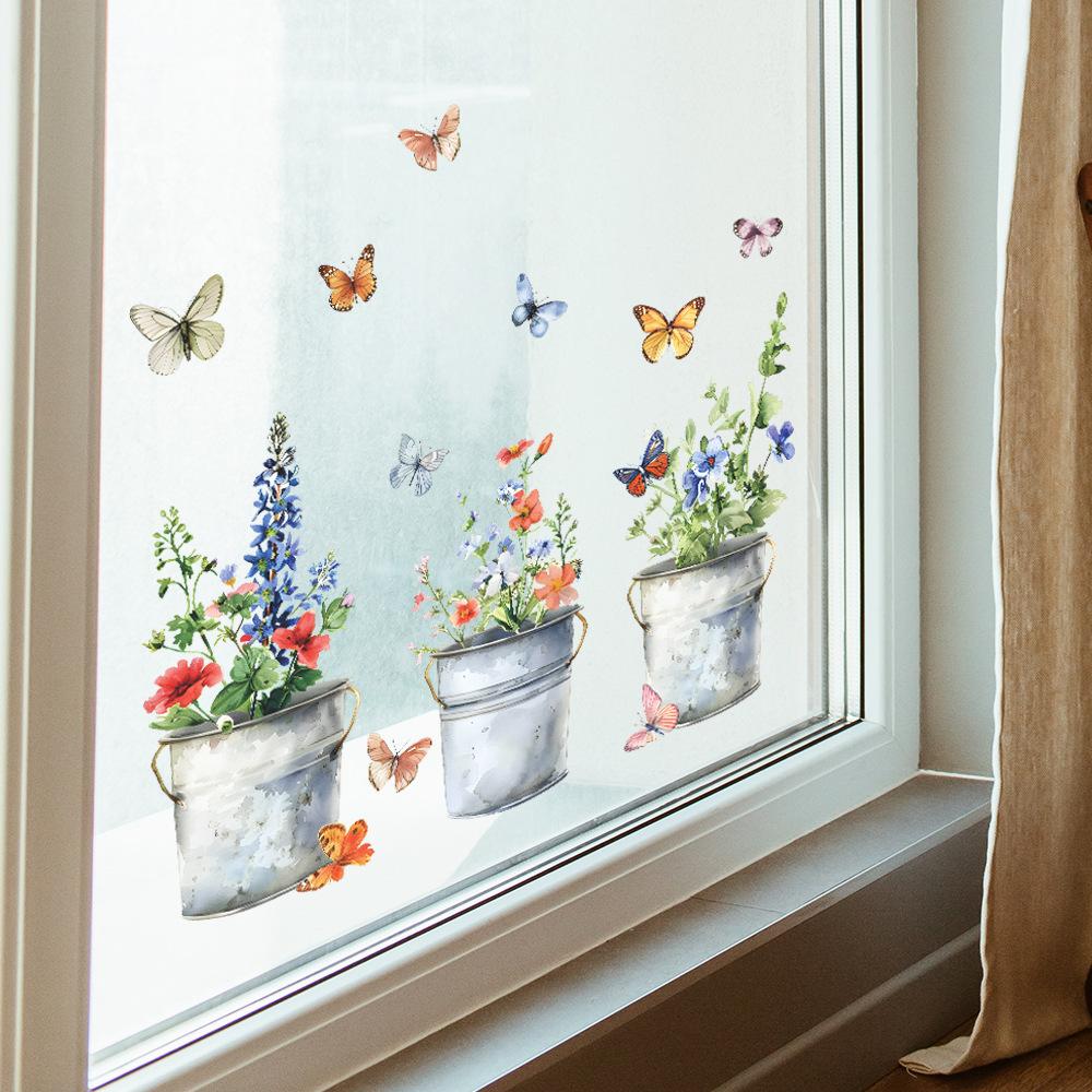 Fun-f158 Iron Bucket Flower Pot Butterfly Glass Doors and Windows Home Landscaping Window Stickers Uv Static