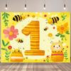 1 Piece Bee Themed One-year Birthday Background Banner Cheerful Cartoon Bee and Honeycomb Design with Flowers and Leaves