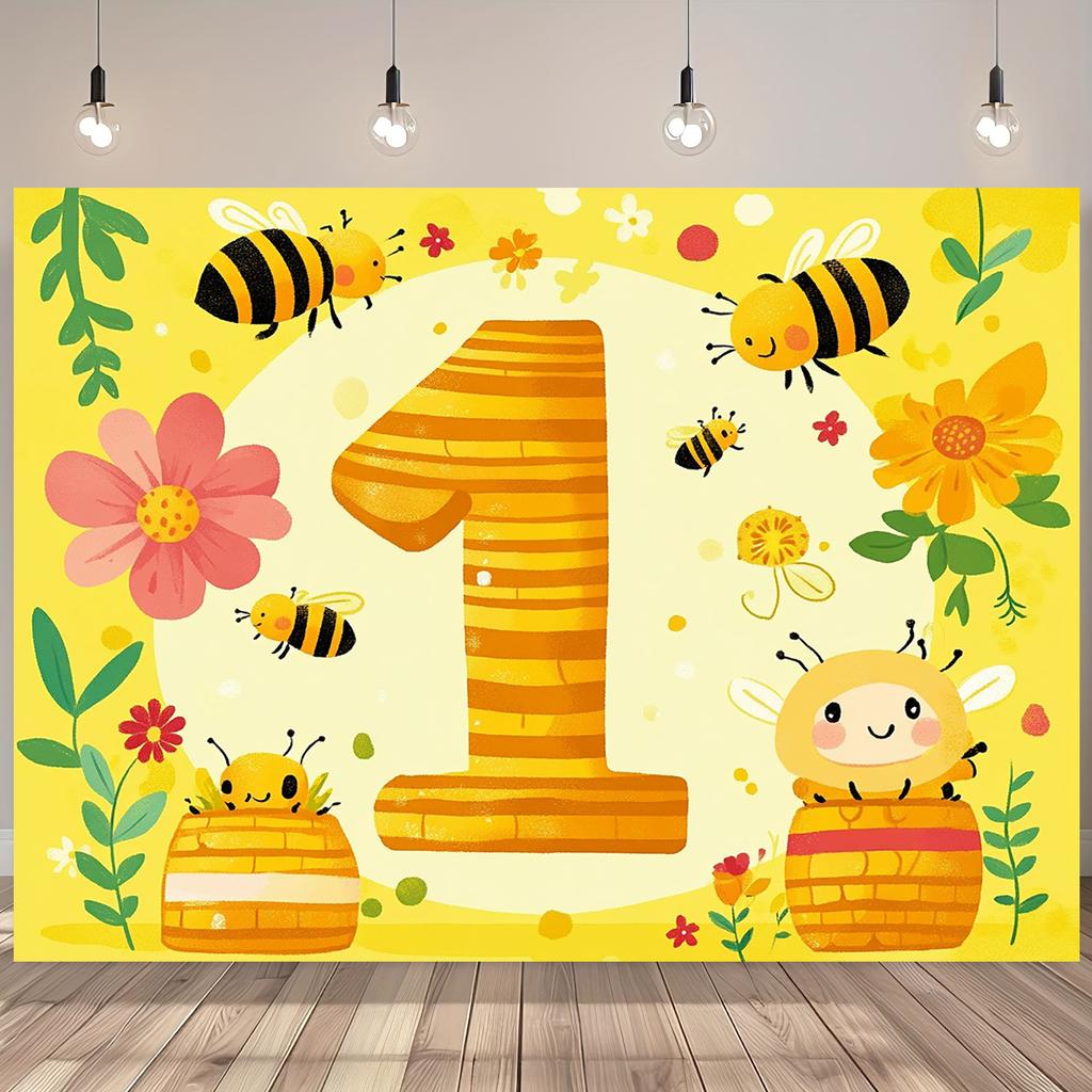 1 piece bee themed one-year birthday background banner cheerful cartoon bee and honeycomb design with flowers and leaves