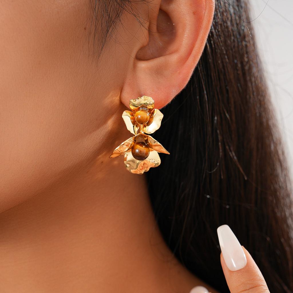 18K Äkta Guldpläterade Tigeröga Blomma Geometriska C-formade Silvernålshängen Maillard Vintage Örhängen