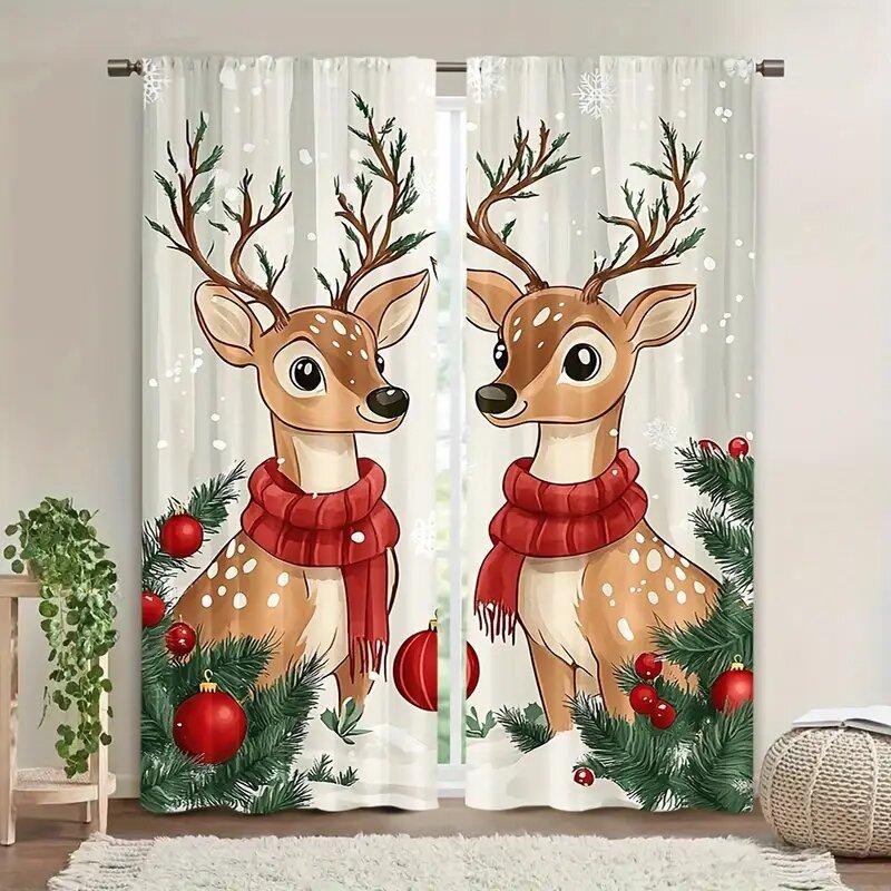

Christmas Reindeer Print Curtains Pole Bag Bedroom Living Room Decoration Home Curtain Polyester Perfect For W100*H70(CM)-Grommet top&1PCS