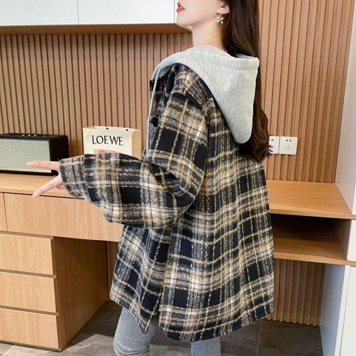 Retro Plaid Style Women's Coat with Hood Casual Mid-length Women's Top Thin Women's Spring Coat