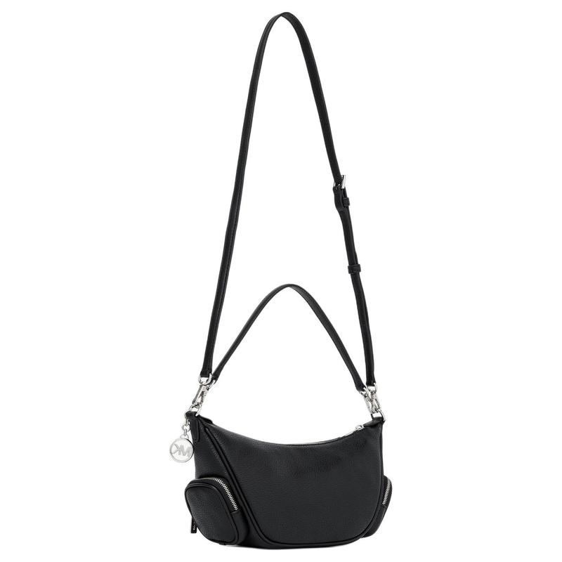 Michael Kors MERRITT Silberfarbene Beschläge Rindsleder Schultertasche Klein Damen Schwarz